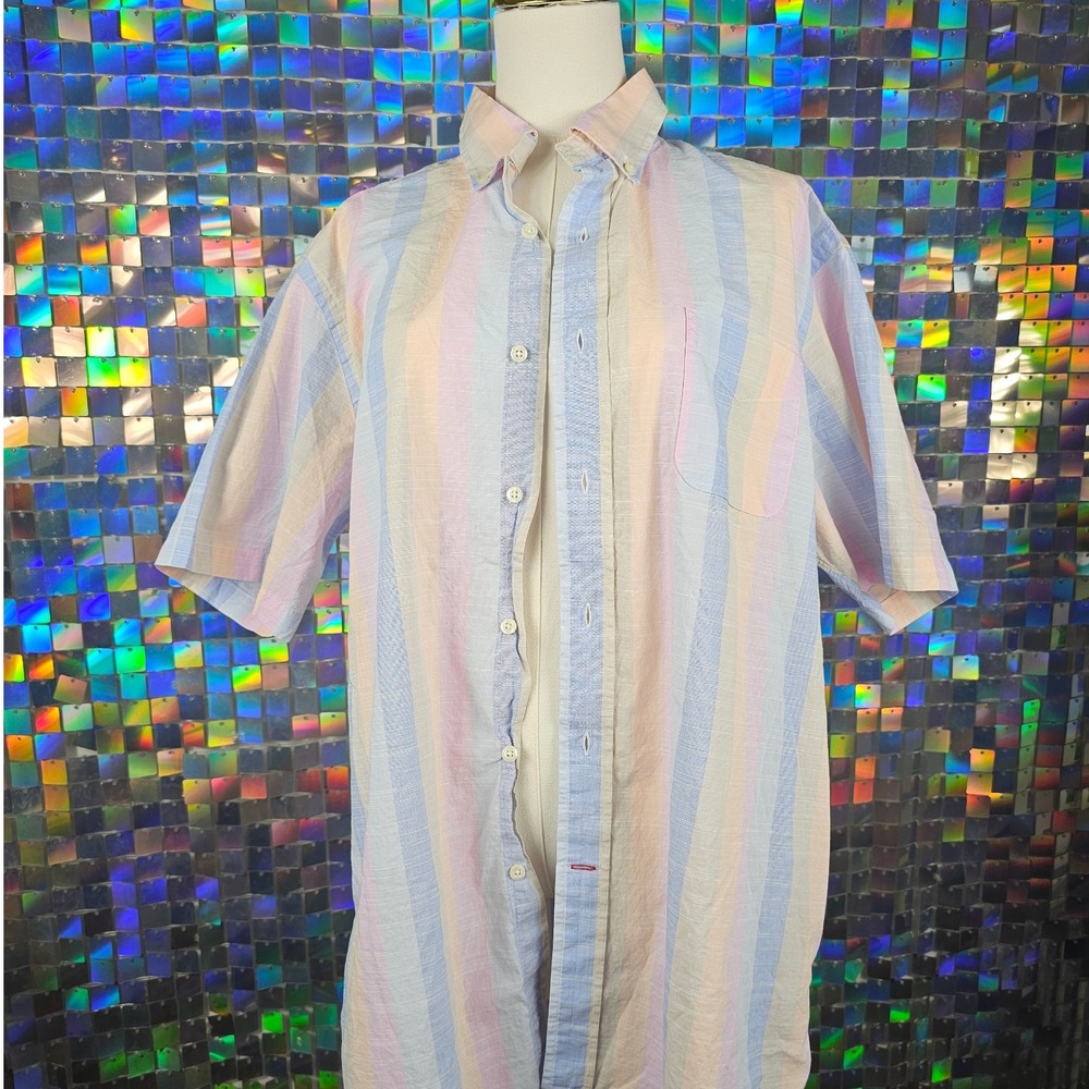 CREMIEUX CLASSICS‎ Striped Button Down Shirt Short Sleeve Men Size L Pastel